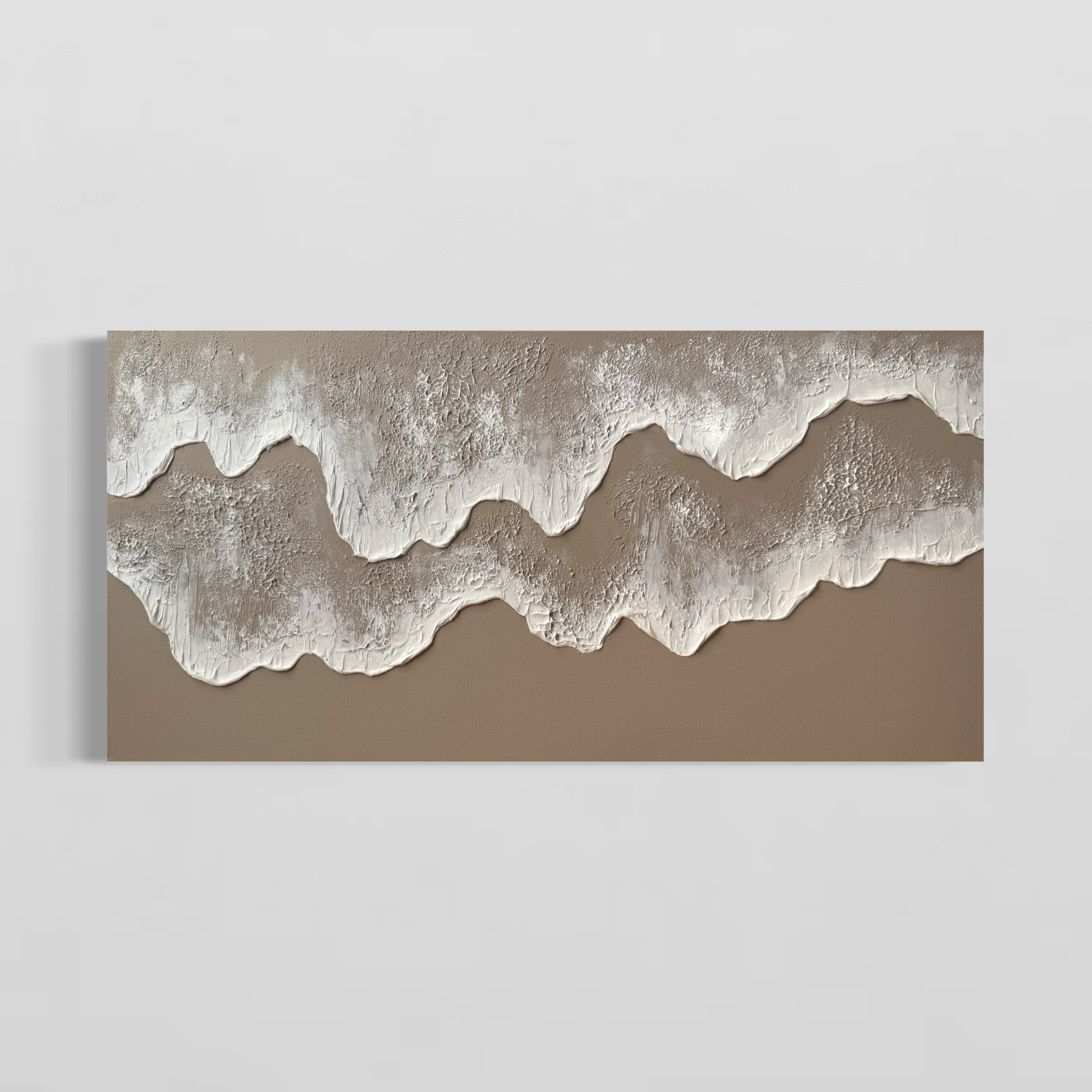 Beach artwork with white textured waves rolling in on a sandy beige background