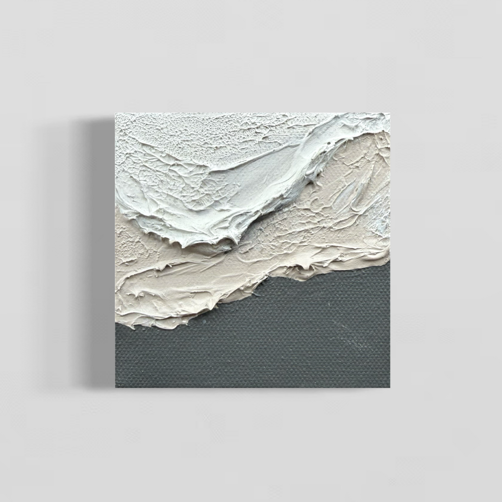 Abstract artwork with soft grey, light grey brown and charcoal wave textures on miniature canvas