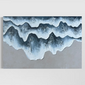 Textured artwork of blue and white waves rolling in on a beige beach