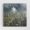 Artwork with a field of textured flowers in the foreground and a stormy sky with sunlight peeking through